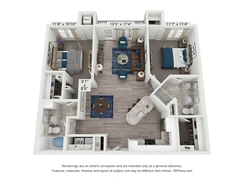 The Piedmont is a 2 bedroom, 2 bathroom floor plan at 8 West in Greensboro, NC The Piedmont is a 2 bedroom, 2 bathroom floor plan at 8 West in Greensboro, NC
